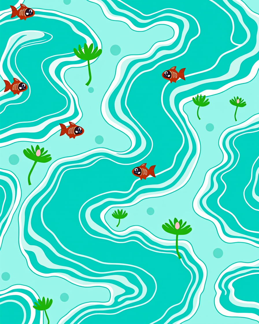 Playful Orange Fish Aquatic Waves Rug