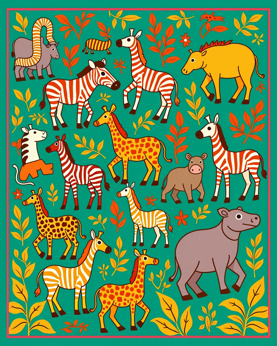Whimsical Safari Animals Green Floral Border Rug