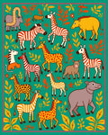 Whimsical Safari Animals Green Floral Border Rug