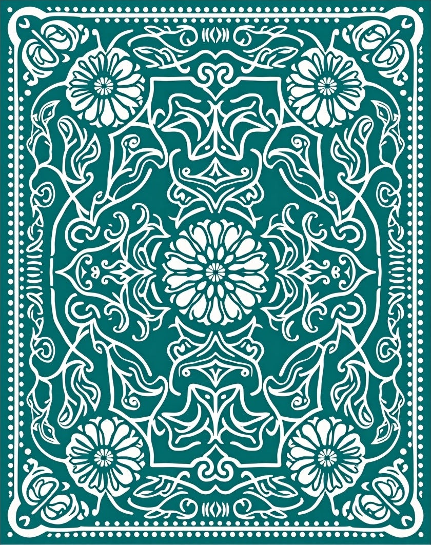 Teal White Floral Medallion Symmetry Rug