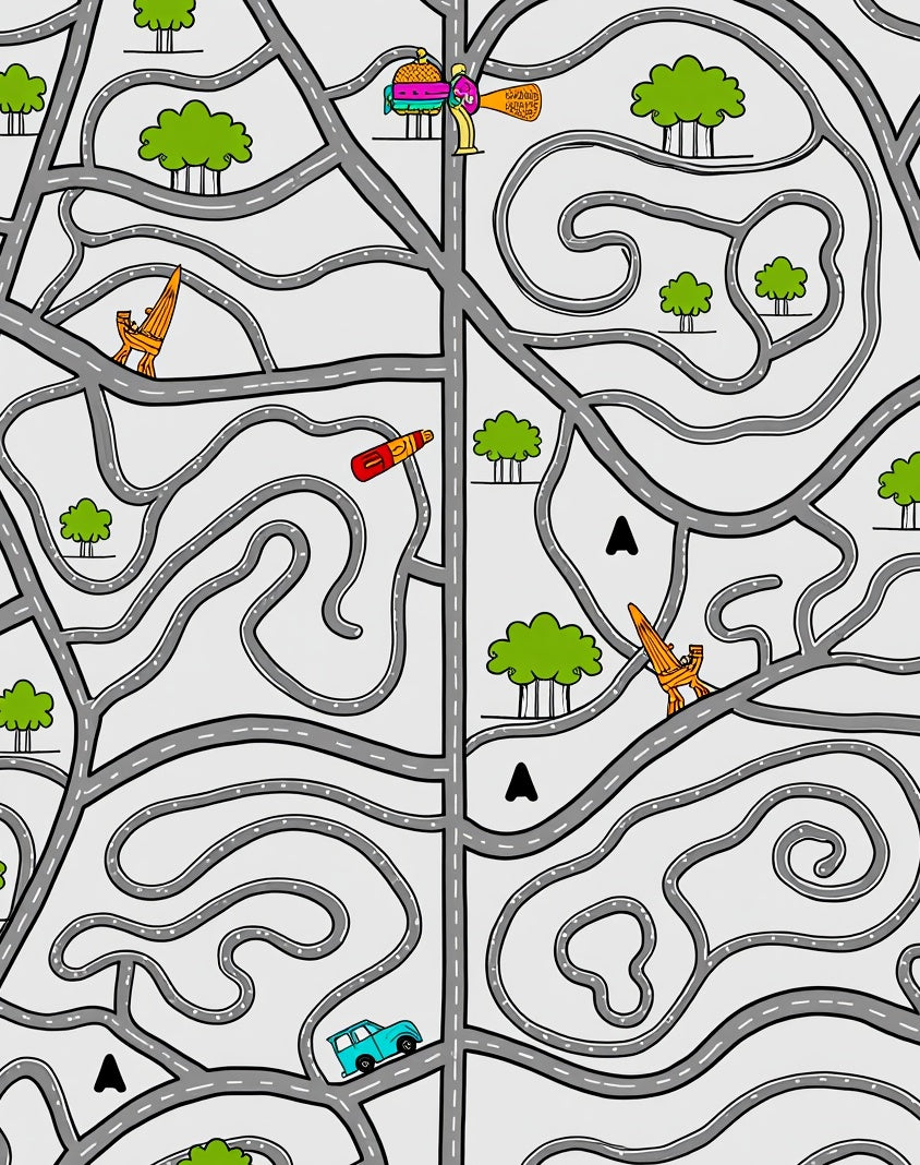 Whimsical Road Maze Green Tree Art Rug