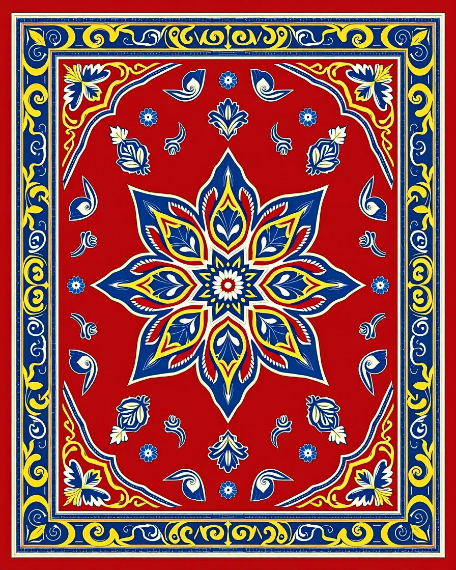 Vibrant Red Geometric Floral Medallion Rug