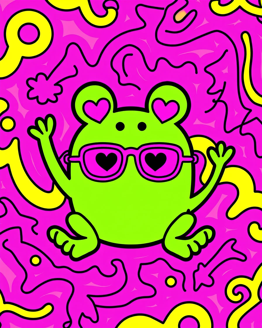 Groovy Green Frog Hearts Pink Yellow Swirls Rug