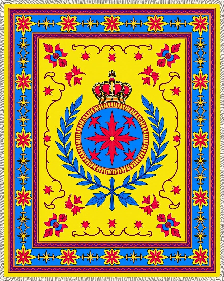 Bold Yellow Red Blue Crown Emblem Rug
