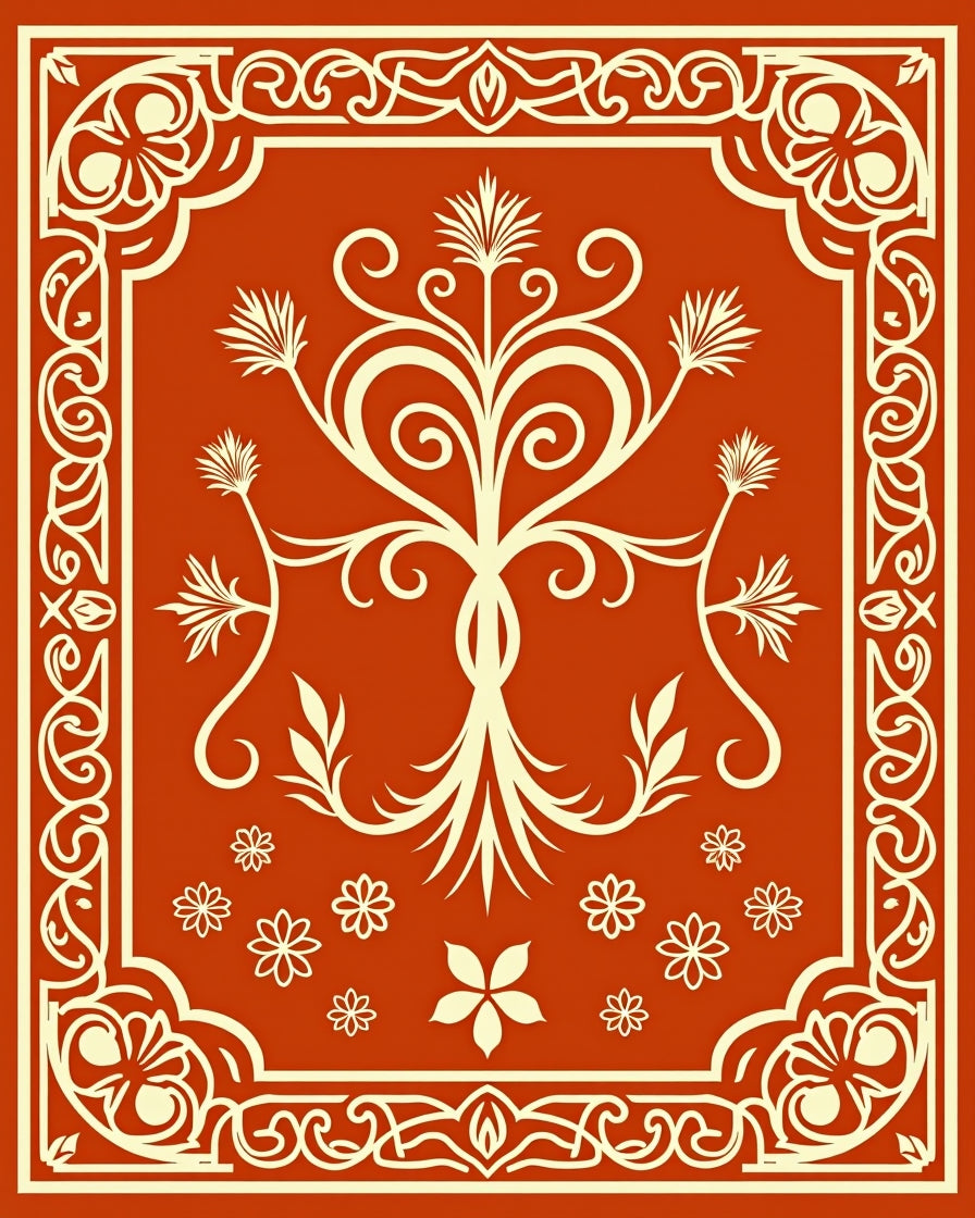Amber Red Floral Tree Scrollwork Rug