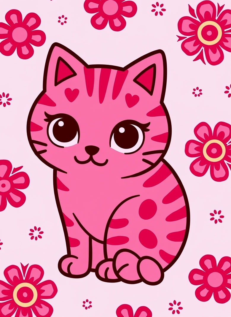 Pink Kawaii Cat Floral Garden Rug