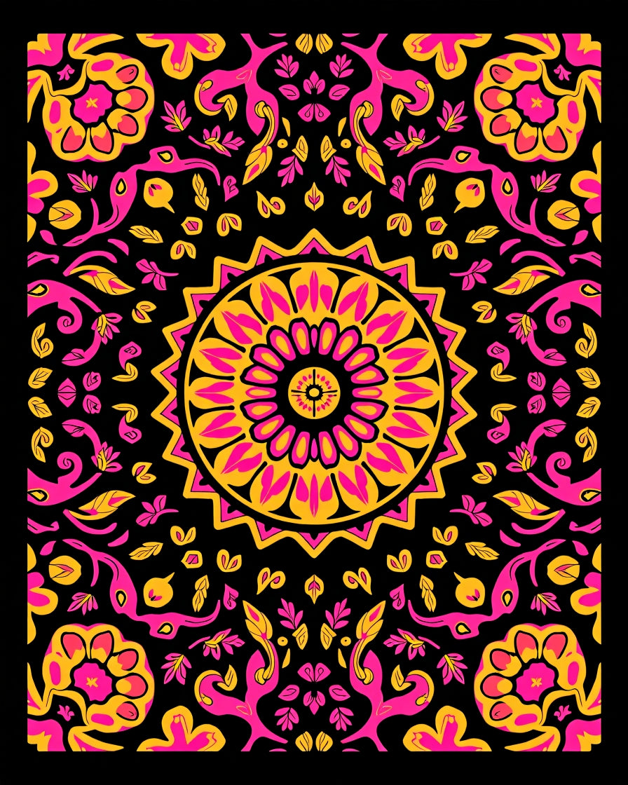 Vibrant Pink Yellow Floral Medallion Rug