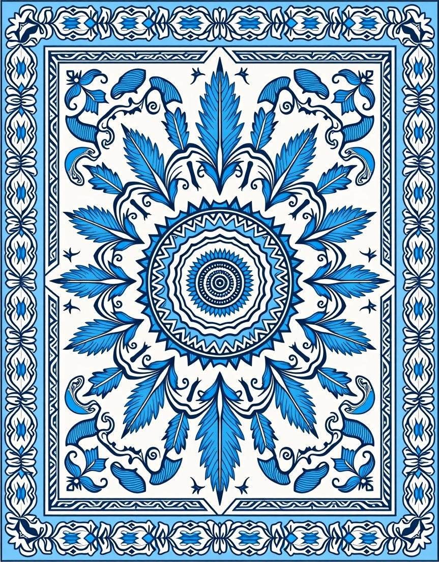 Azure Blue Floral Mandala Border Rug