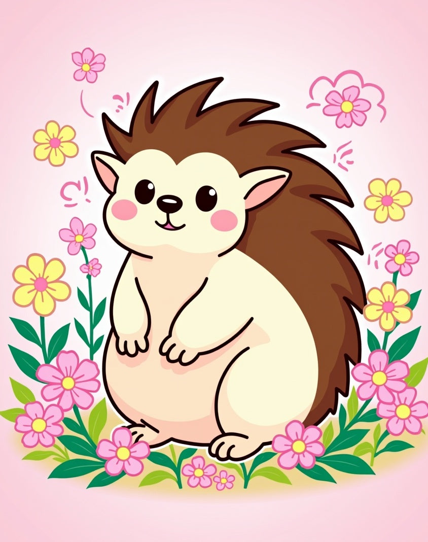Cute Hedgehog Amongst Pink Flowers Rug