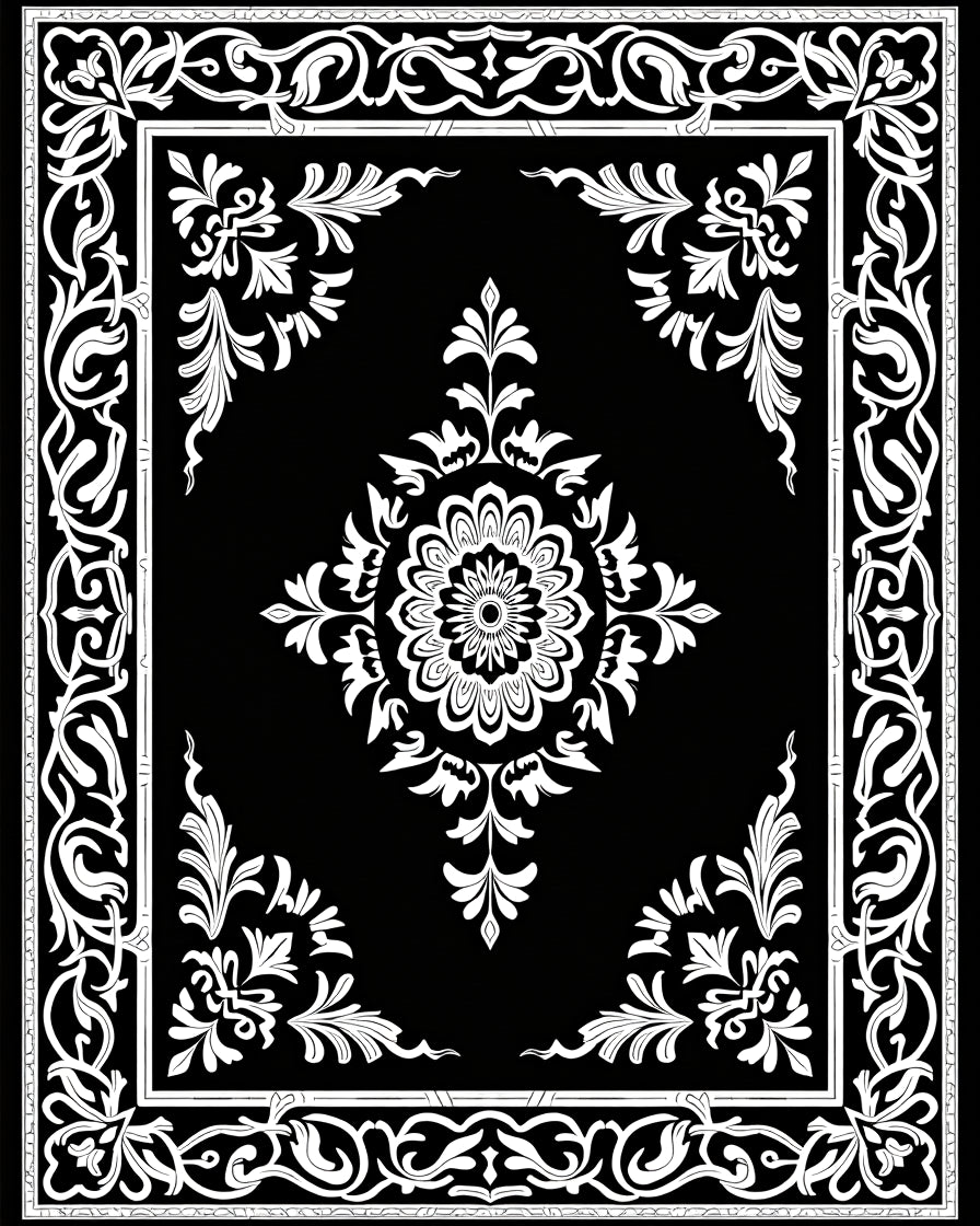 Ornate Black and White Inlay Blooms Rug