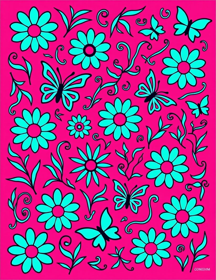 Bright Pink Daisy Butterfly Collage Rug
