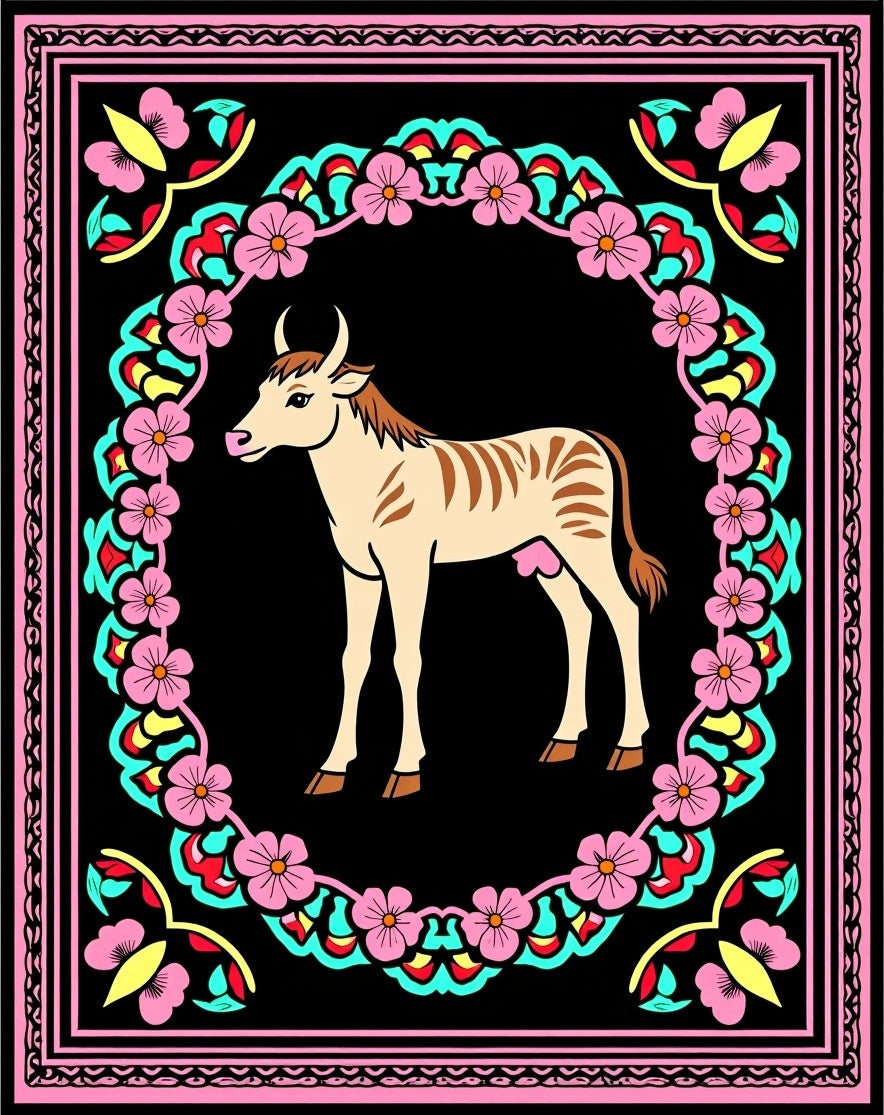 Pink Floral Frame Cream Striped Cow Rug