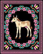 Pink Floral Frame Cream Striped Cow Rug