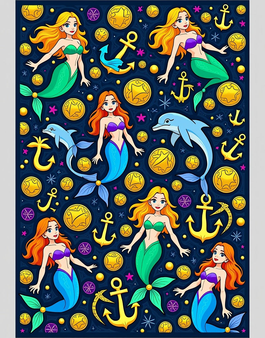 Whimsical Mermaid Dolphin Anchor Treasure Rug