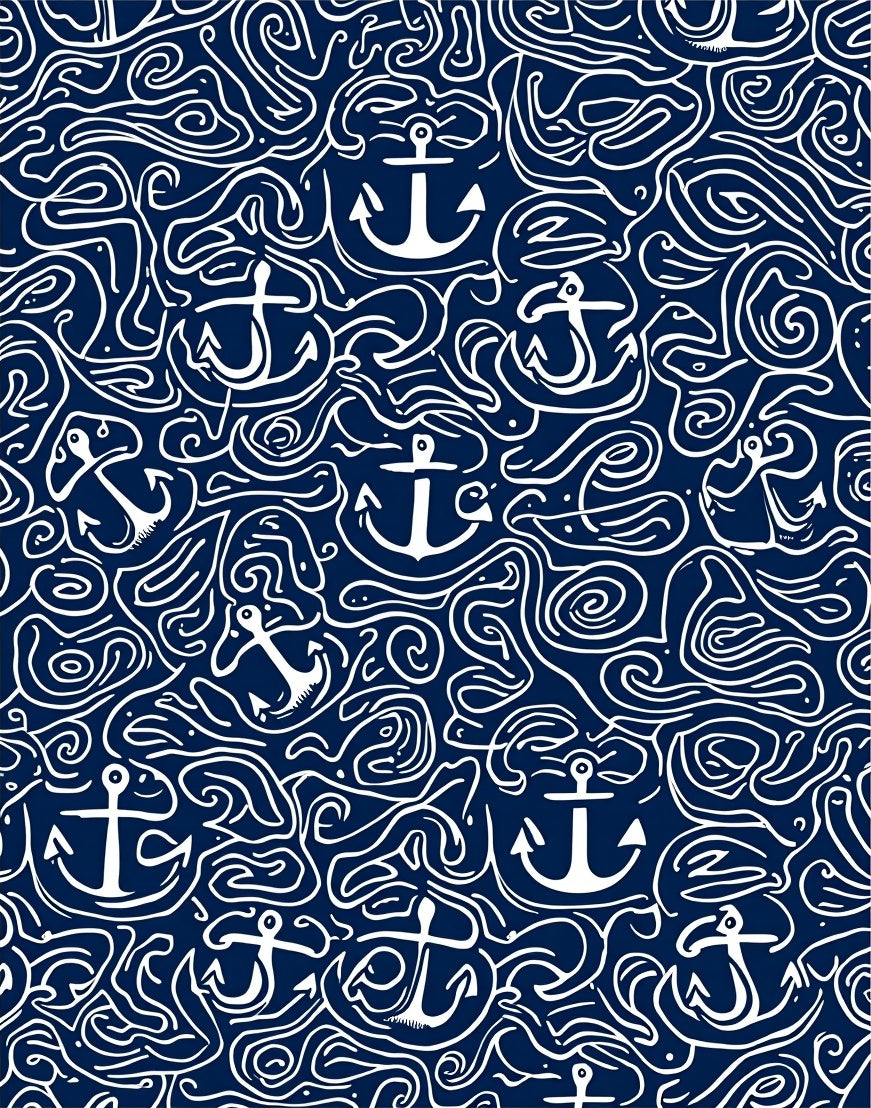 Navy White Anchor Sea Swirl Rug