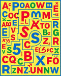 Playful Red Blue Yellow Alphabet Collage Rug