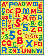 Playful Red Blue Yellow Alphabet Collage Rug