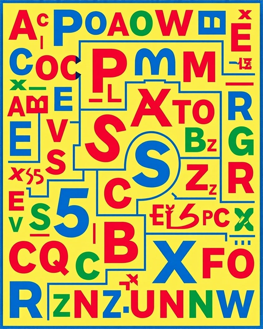 Playful Red Blue Yellow Alphabet Collage Rug