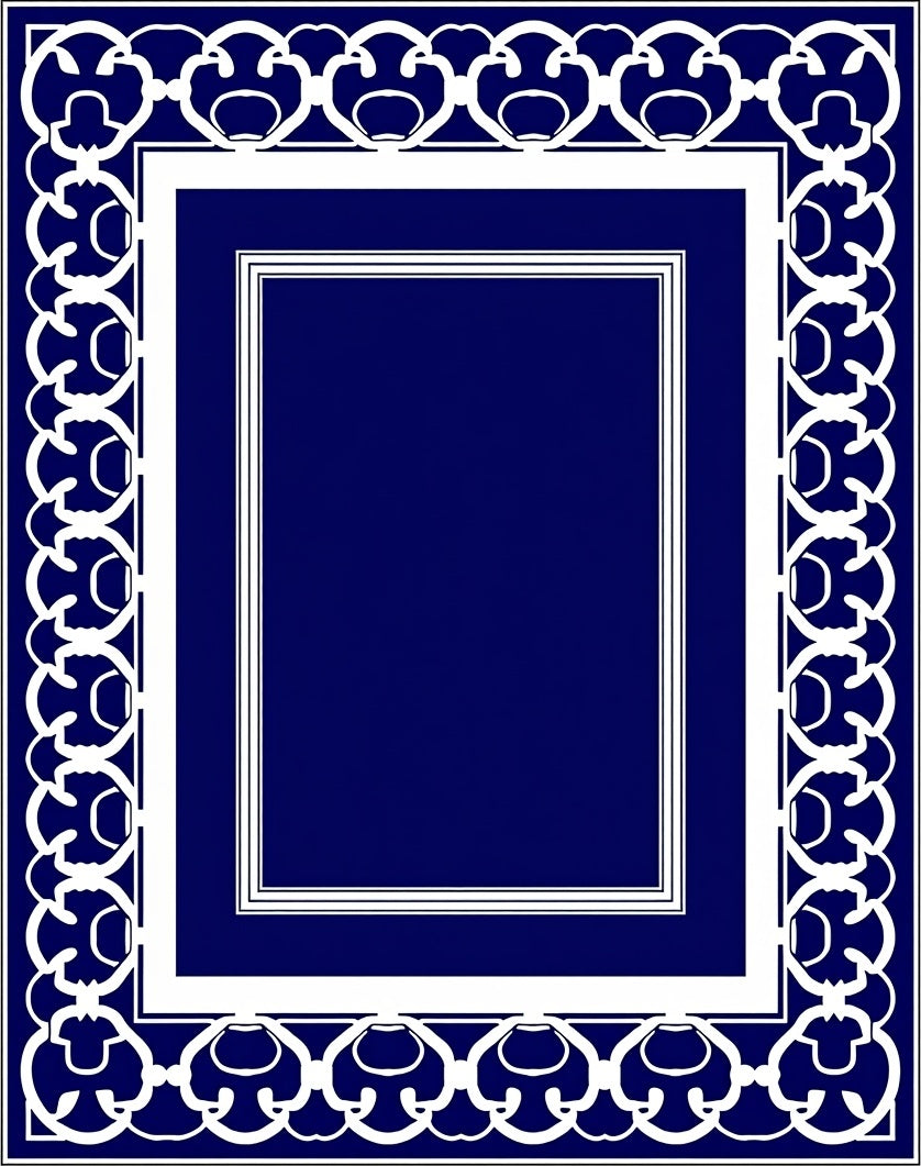 Deep Blue White Ornate Border Rectangular Rug