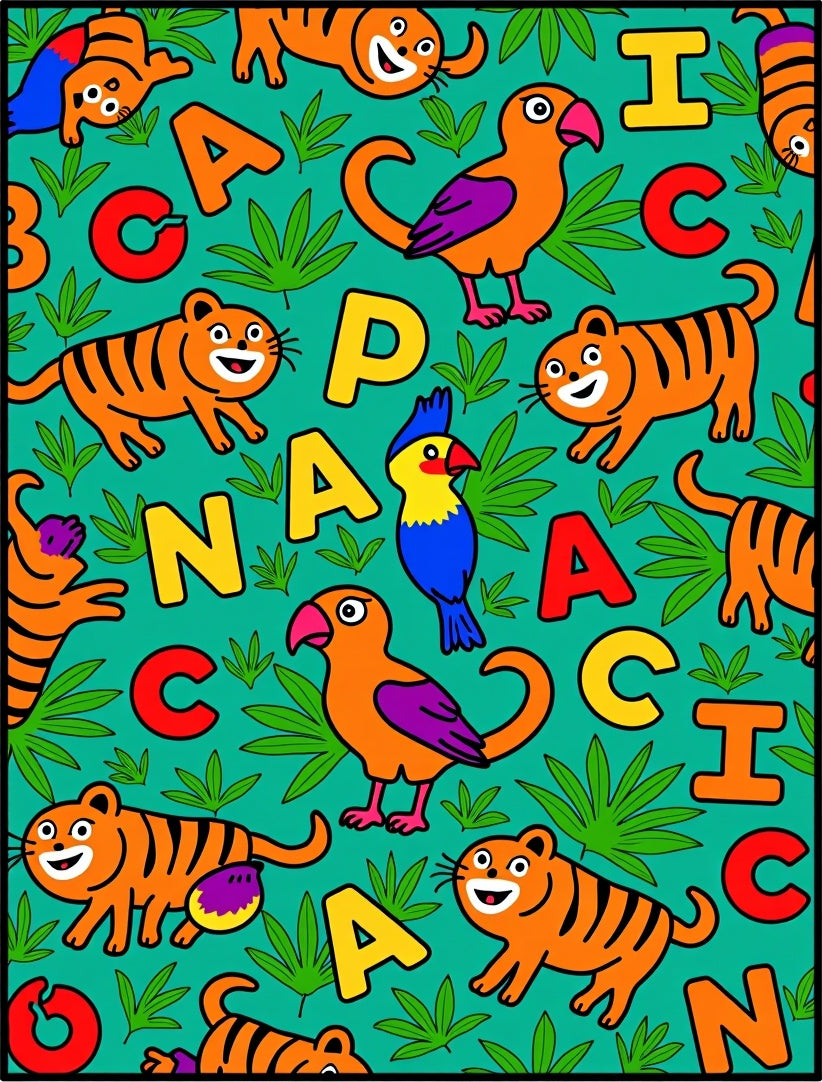 Playful Tigers Parrots Alphabet Jungle Rug