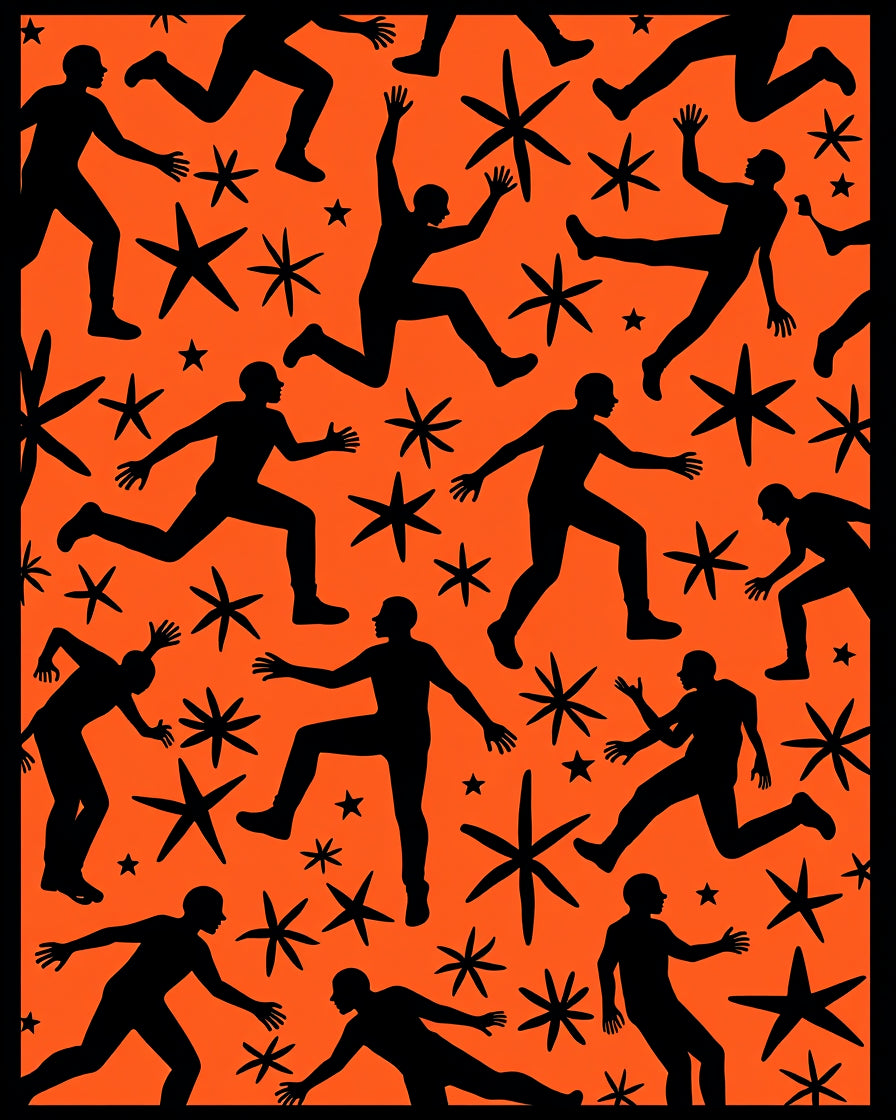 Orange Black Silhouette Figures Starbursts Rug