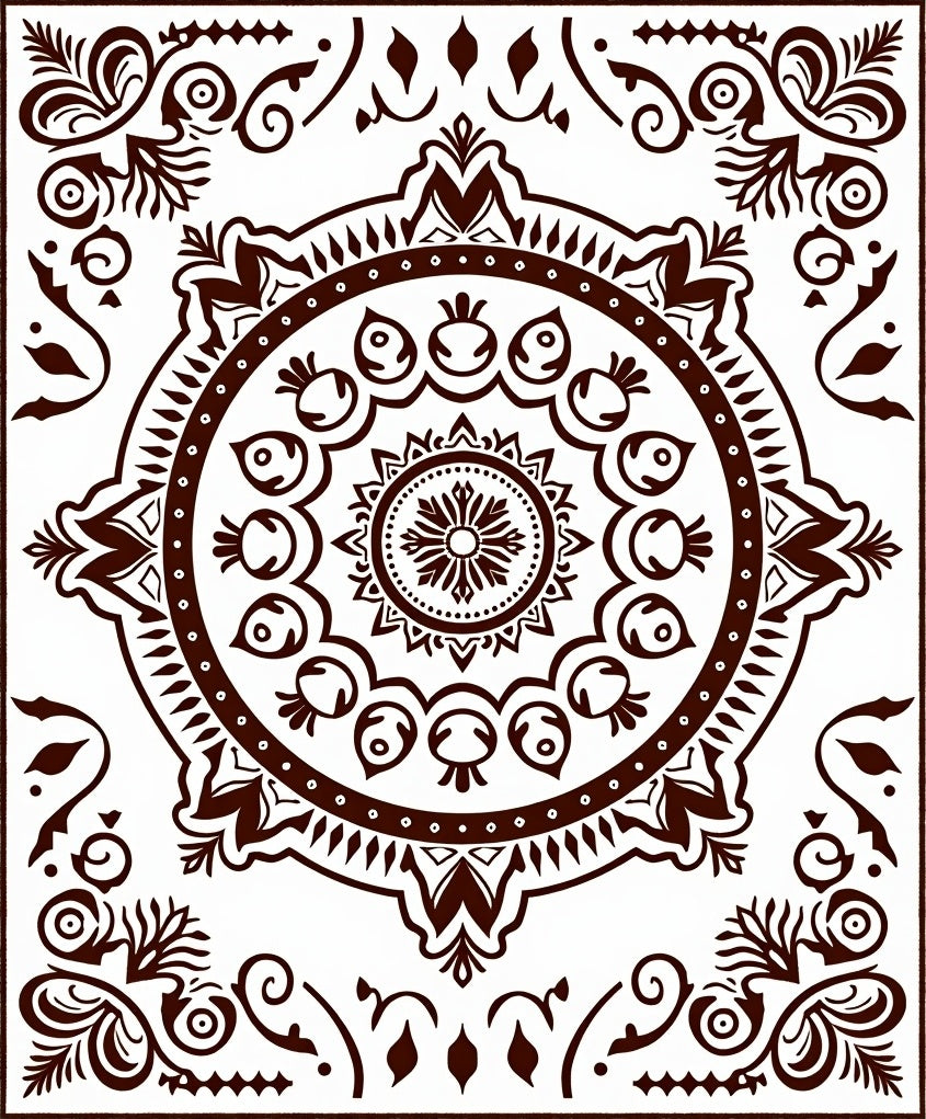 Brown Circular Symmetrical Floral Medallion Rug