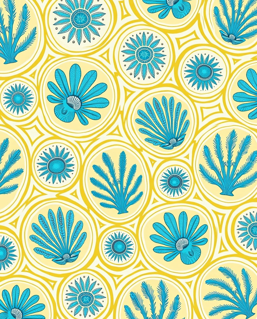 Turquoise Blue Botanical Circles Yellow Rug