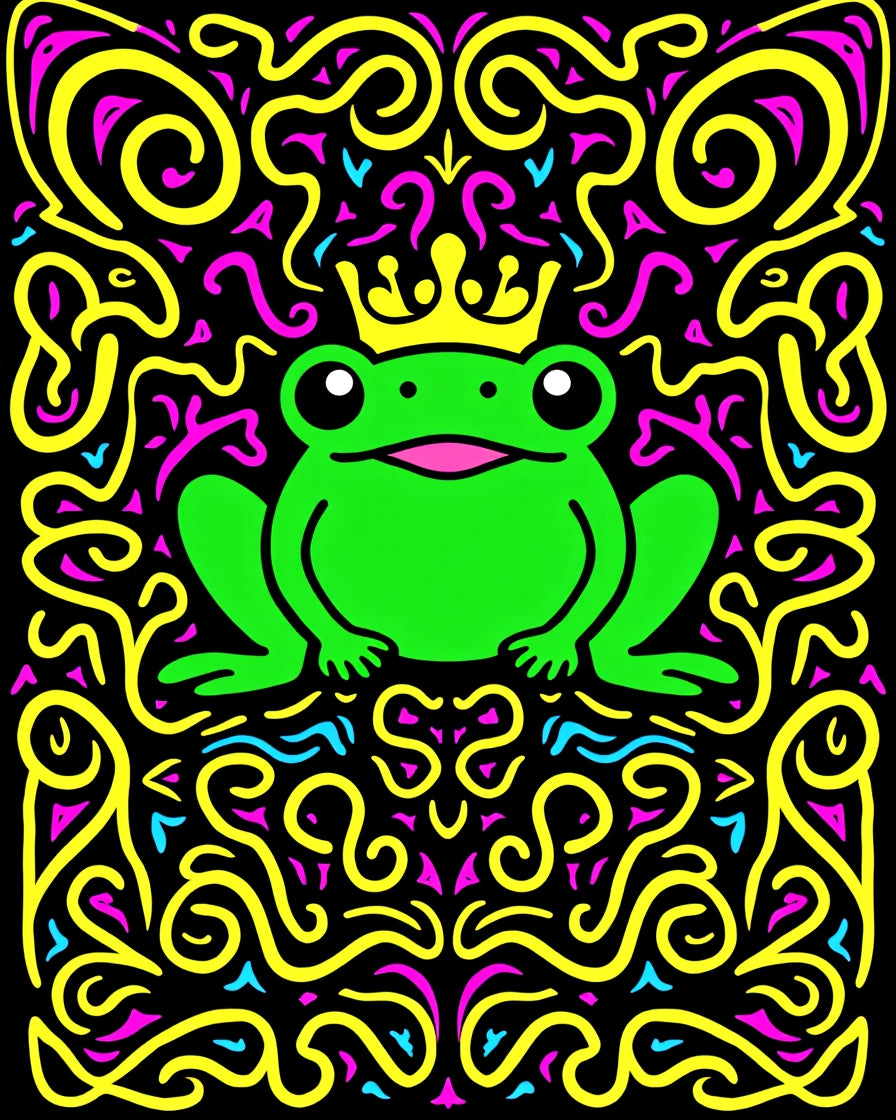 Green Frog King Crown Yellow Swirls Rug