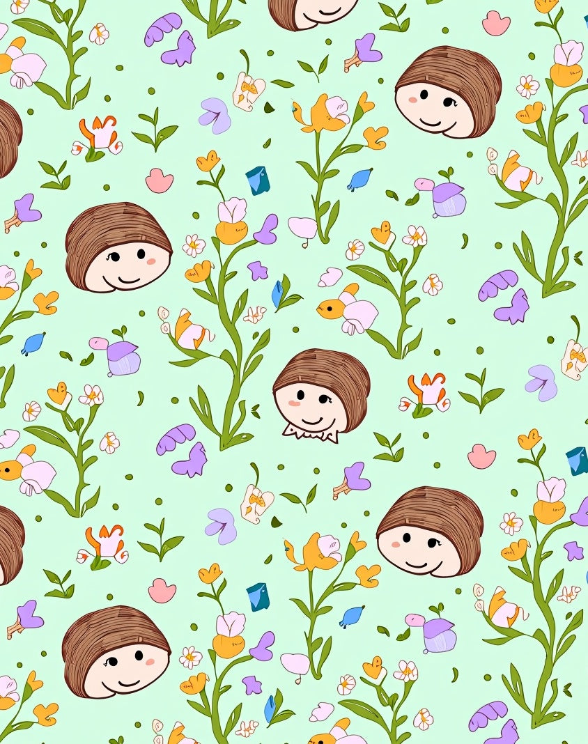 Cheerful Cartoon Faces and Flowers Rug