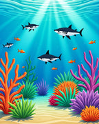 Oceanic Sharks Coral Reef Scene Rug