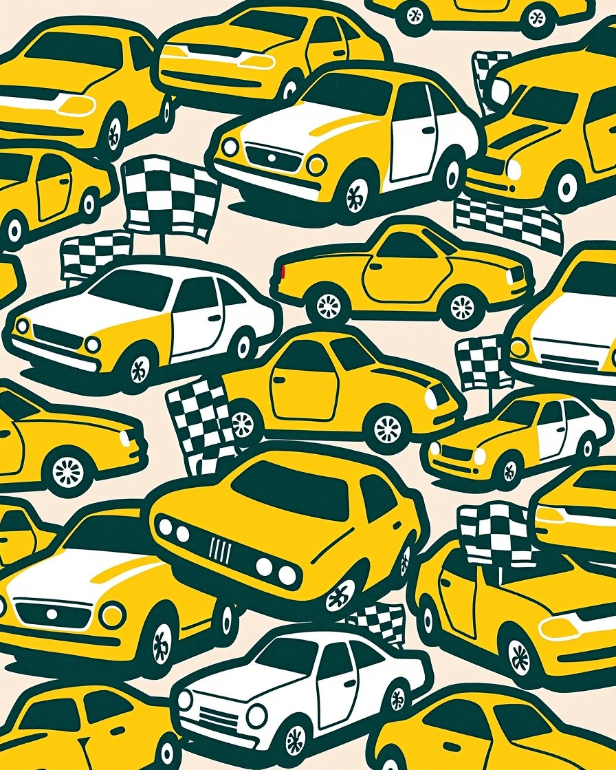 Yellow White Cars Racing Flags Rug