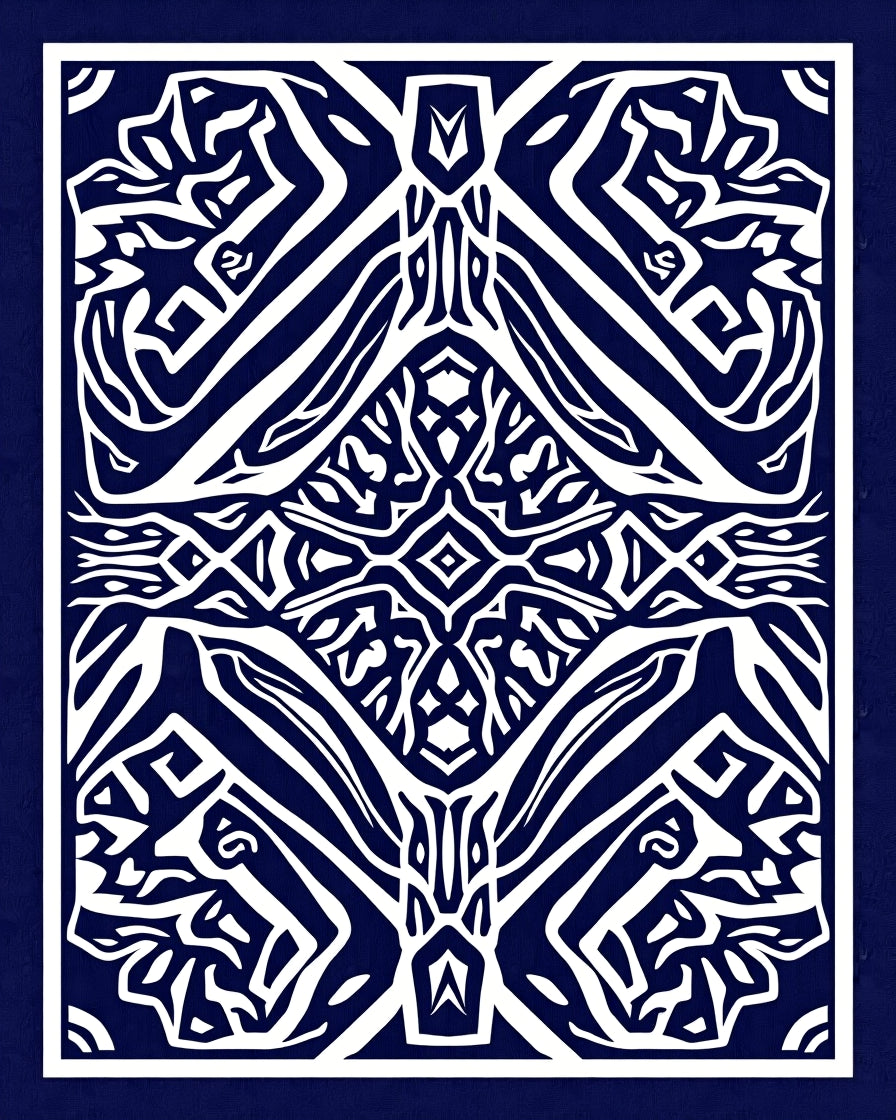 Deep Blue White Tribal Abstract Medallion Rug