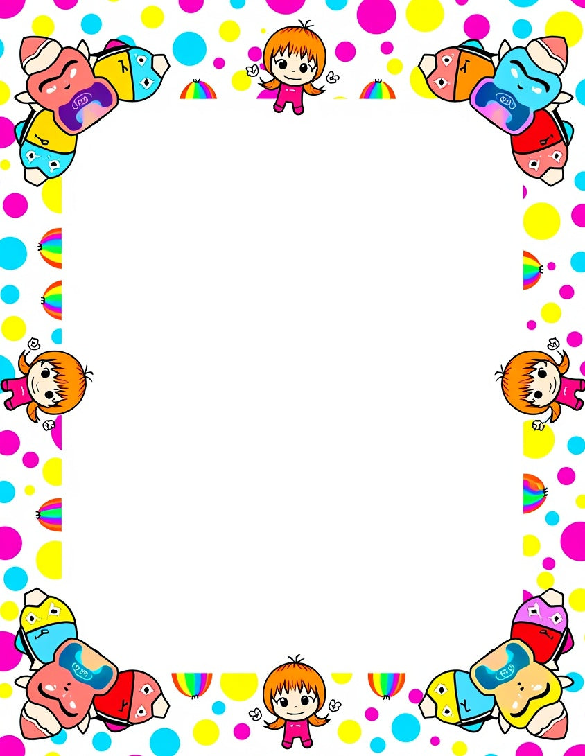 Playful Cartoon Characters Polka Dot Border Rug