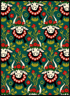 Folk Art Cow Floral Green Cream Rug