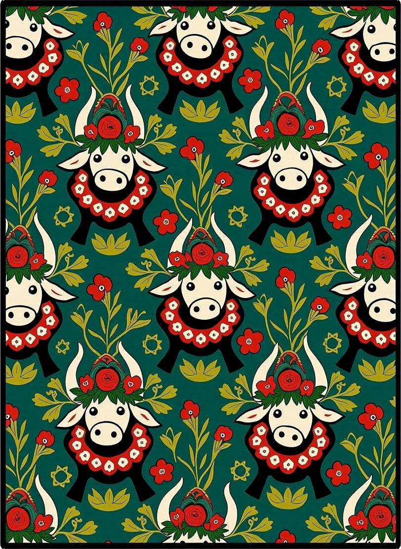 Folk Art Cow Floral Green Cream Rug
