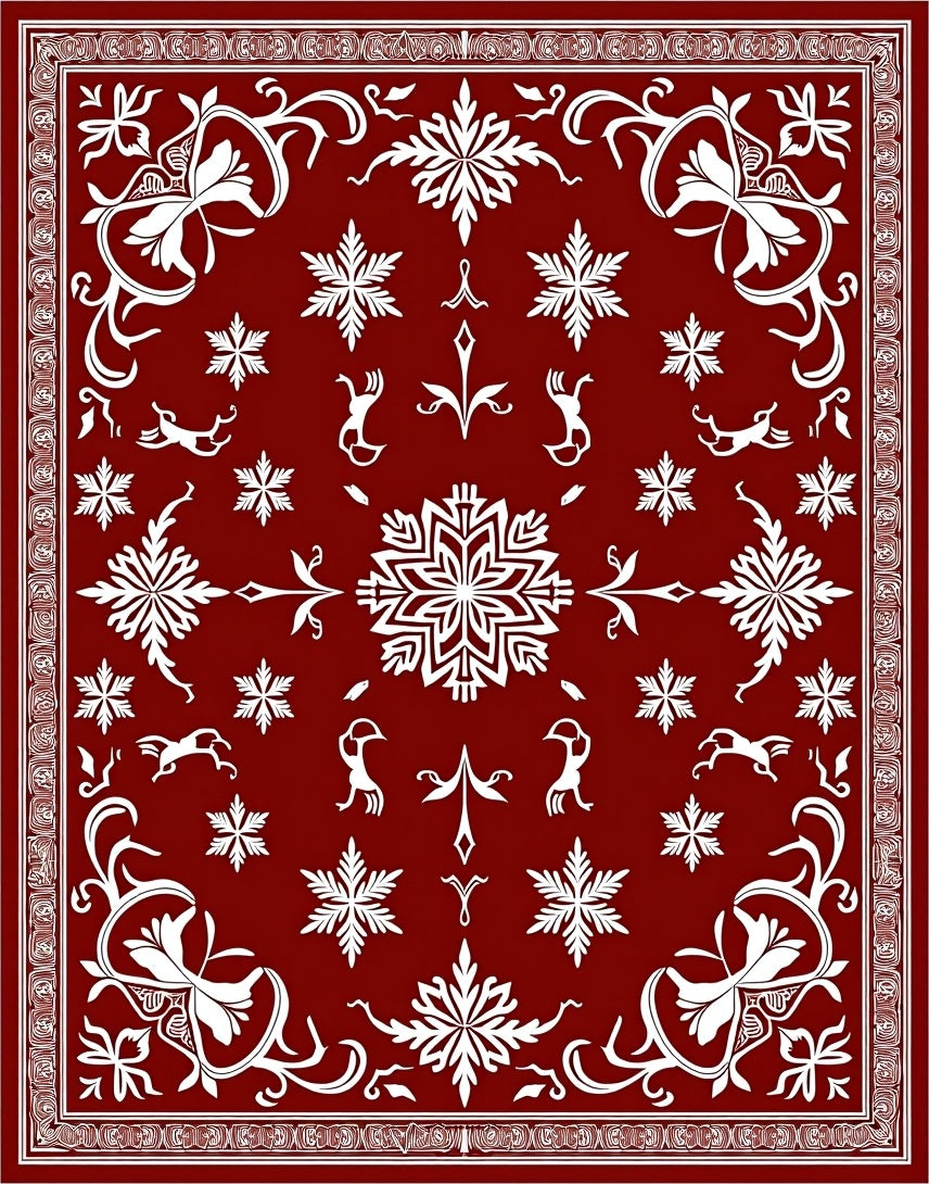 Crimson Snowflakes And Deer Folk Art Rug