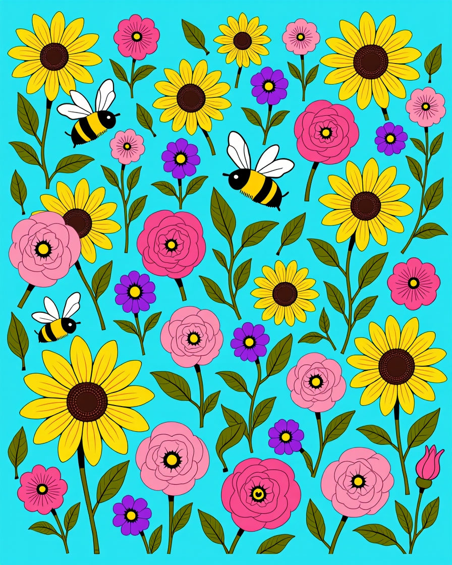 Whimsical Yellow Bee Floral Meadow Rug