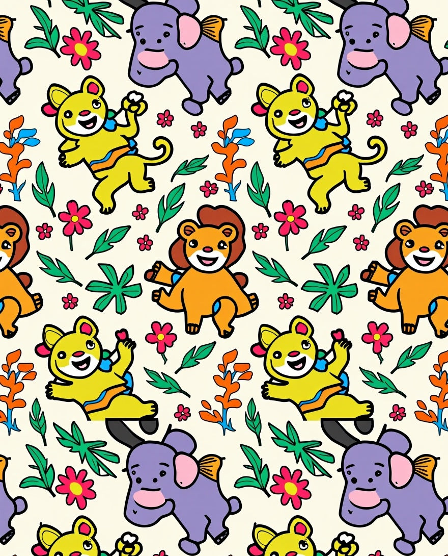 Whimsical Jungle Animals Fun Floral Rug