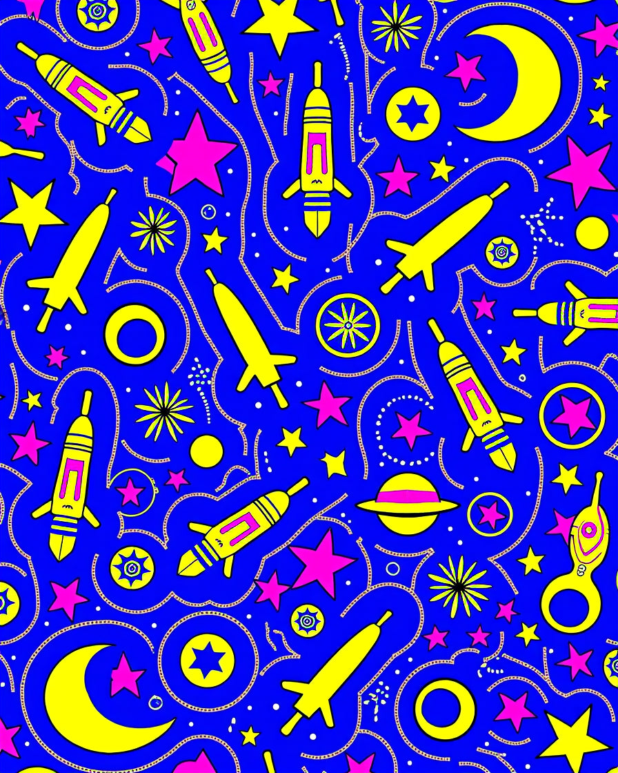 Cosmic Yellow Rocket Moon Stars Rug