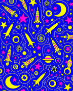 Cosmic Yellow Rocket Moon Stars Rug