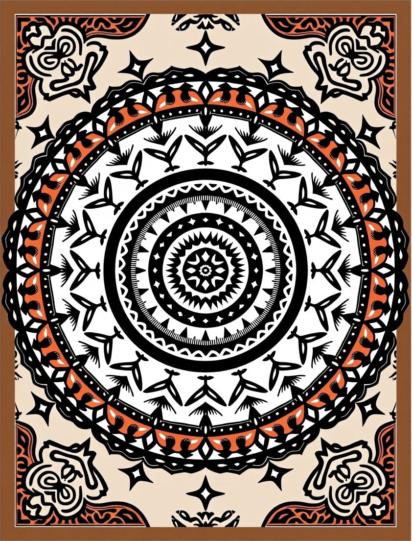 Bold Orange Black Mandala Medallion Rug