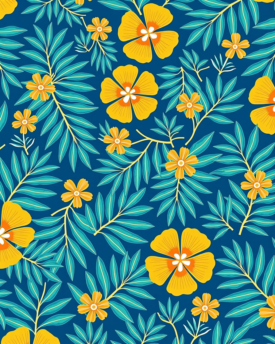 Vibrant Yellow Floral Teal Leaf Rug