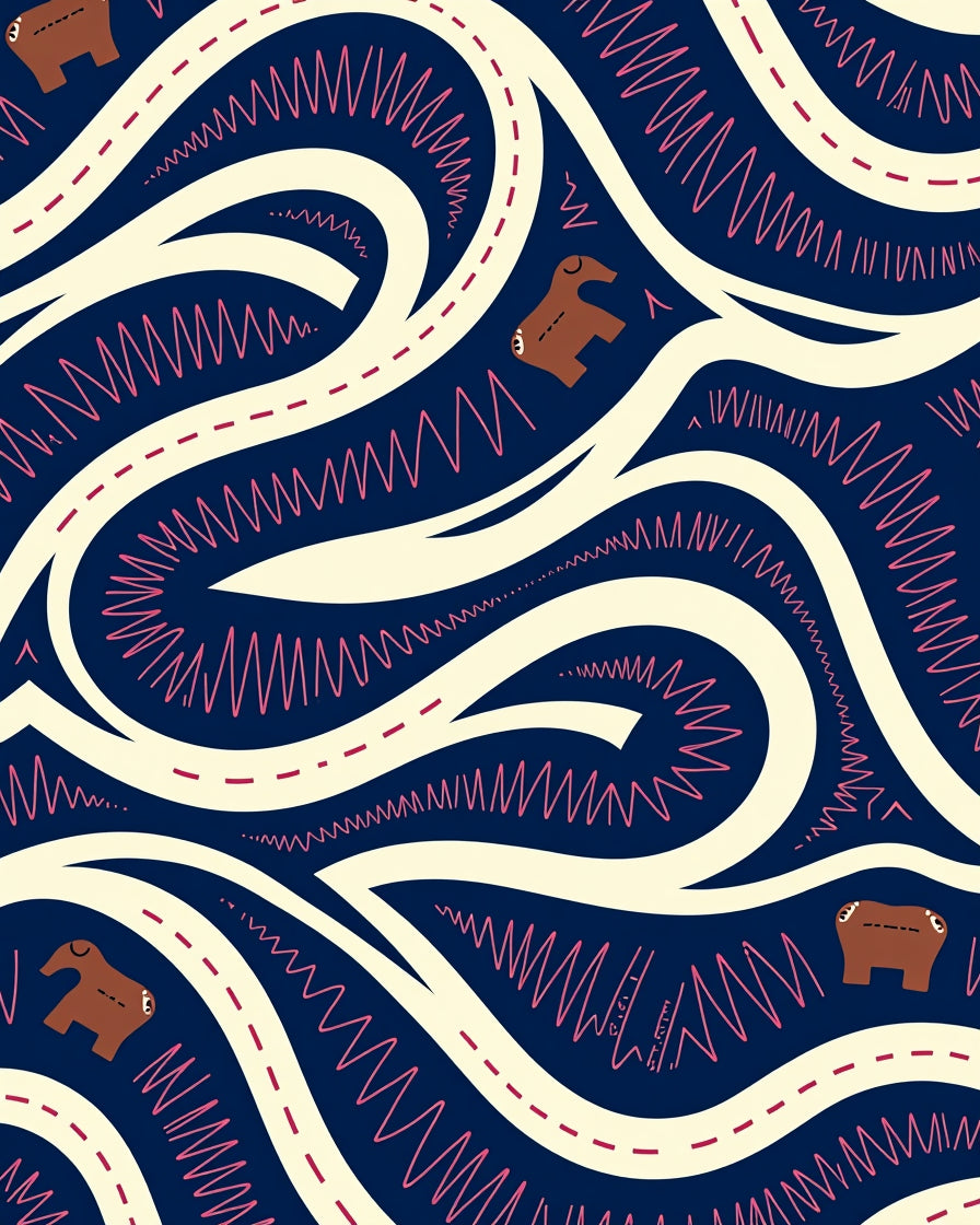 Navy Cream Brown Winding Road Animals Rug