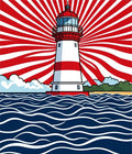Coastal Lighthouse Red Sunburst Waves Rug