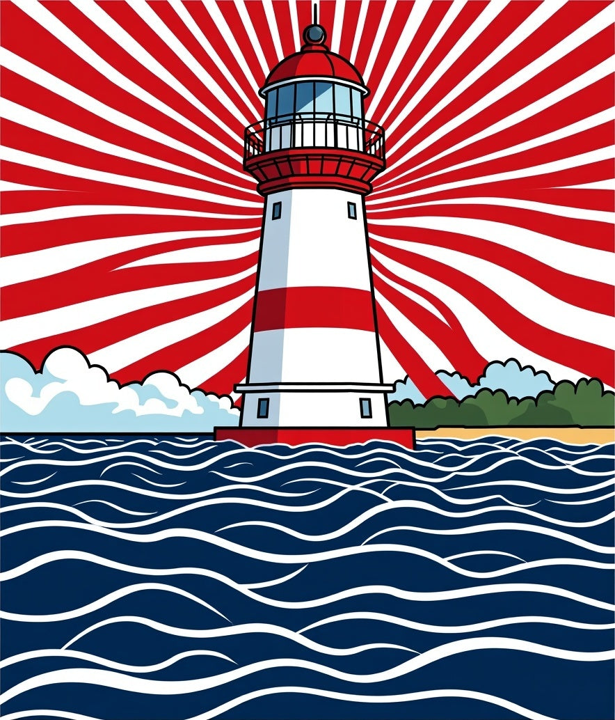 Coastal Lighthouse Red Sunburst Waves Rug