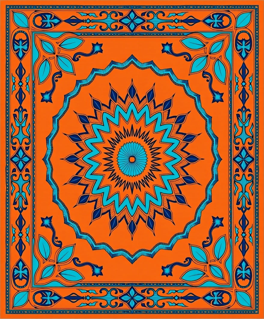 Vibrant Orange Turquoise Medallion Border Rug