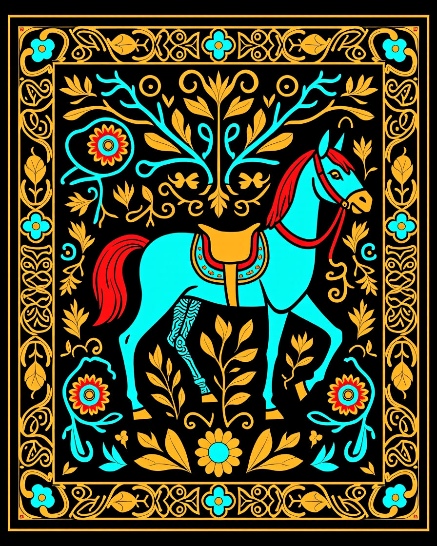 Aqua Horse With Red Mane Gold Border Rug