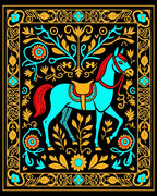 Aqua Horse With Red Mane Gold Border Rug
