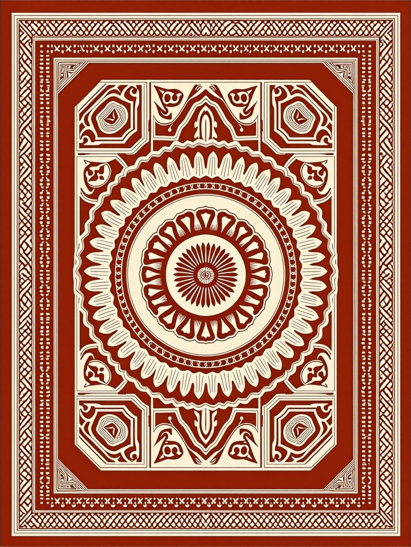 Rich Crimson Medallion Mandala Border Rug