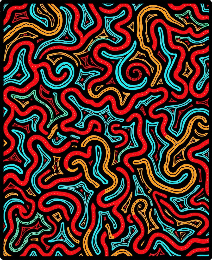 Vibrant Red Aqua Swirl Maze Rug